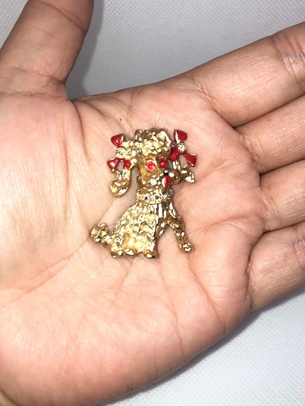 Vintage Gold-Tone Poodle Brooch with Red Accent Gems